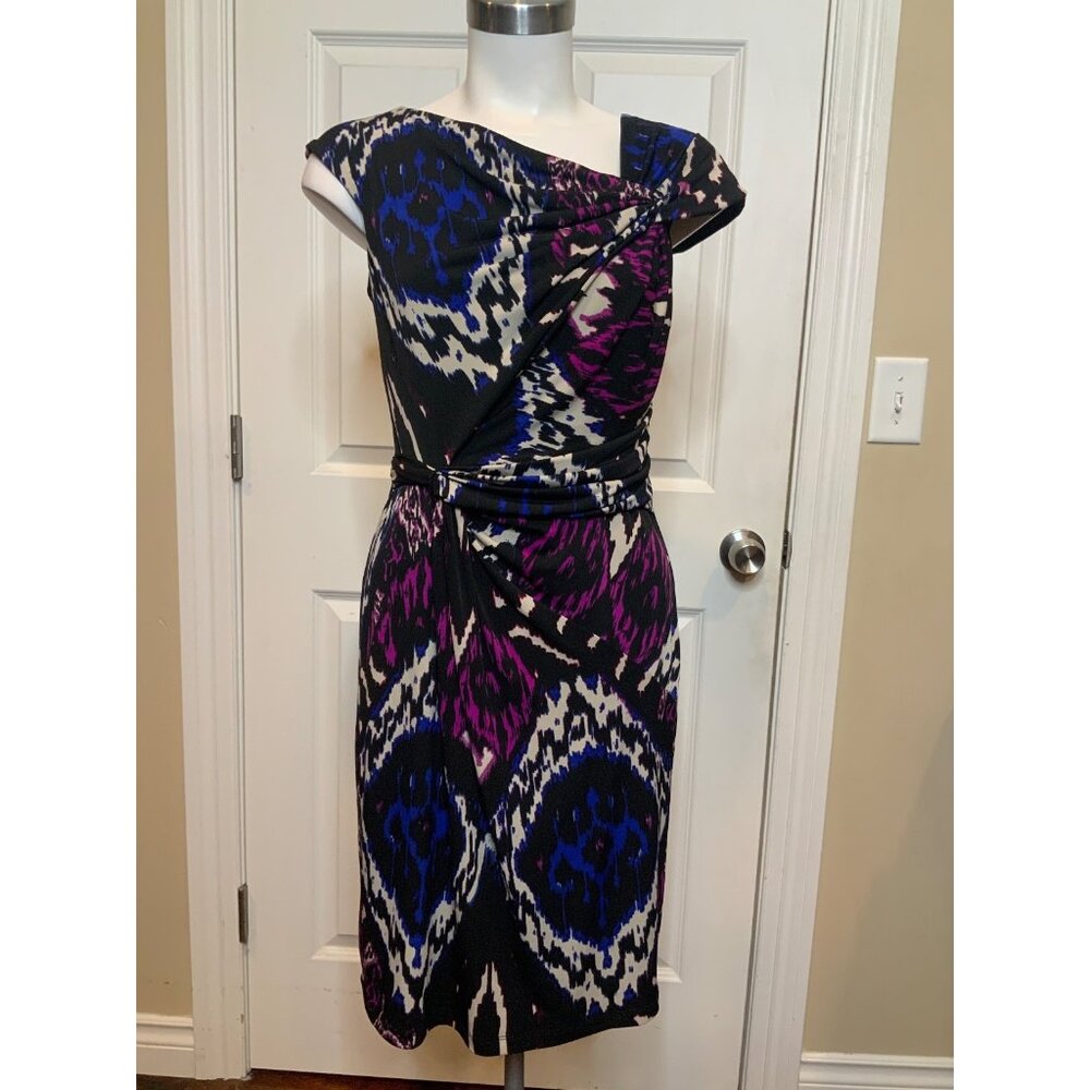 David Meister Black, Purple, Blue & Cream Patterned Off-Shoulder Gathered Size 4